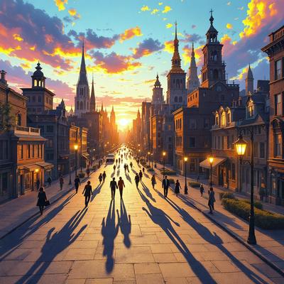 Primary subject: A city street with a crowd of people walking down it.

Setting/background: The street is lined with buildings, and the sun is setting, creating a warm and inviting atmosphere.

Visual style: The image is a digital art piece, featuring a detailed and realistic representation of the city street and its surroundings.

Colors and mood: The dominant colors are warm and earthy tones, such as reds, oranges, and yellows, which contribute to a lively and vibrant mood.